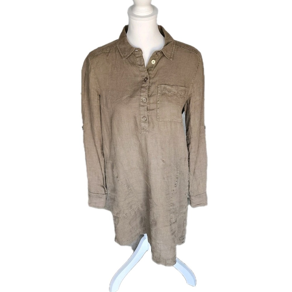Michael Stars Anthropologie Shirt Dress Womens XS Olive Linen‎ Pockets Casual